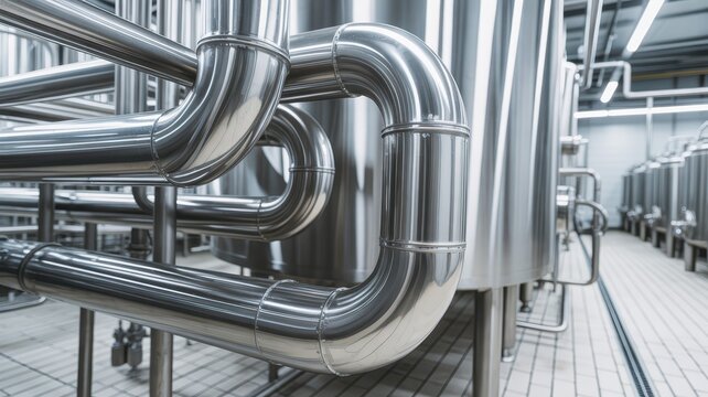 Industrial Stainless Steel Pipe System in Factory Setting with Valves and Valves and Piping Infrastructure