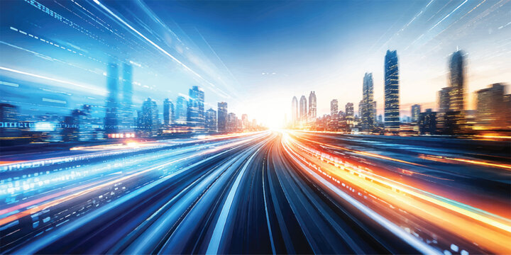 Futuristic Smart City with Speed Light Trails, Modern Urban Transportation Technology and Motion Blur Highway Background at Sunset