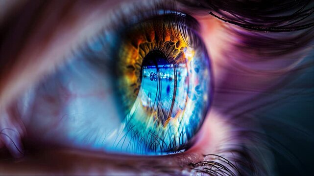 Extremes Makro eines menschlichen Auges mit leuchtender blauer und goldener Iris sowie cineastischen Lichtreflexionen