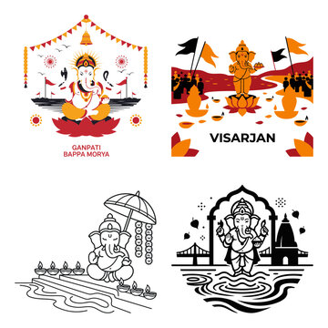 Ganesh Visarjan flag banner flat festival set