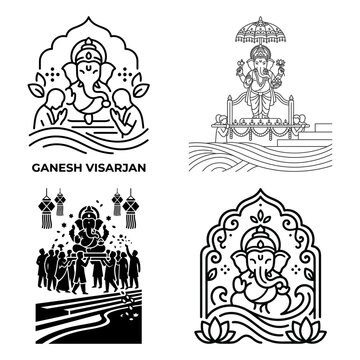Ganesh Visarjan palanquin line art scene