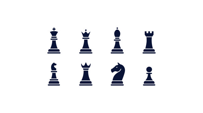 Minimalist chess piece icons, navy blue game set, strategy vector symbols