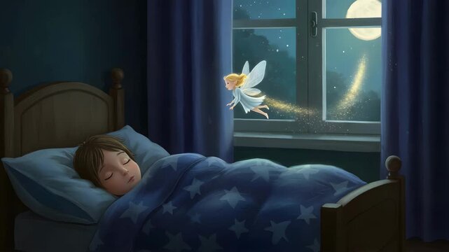 Young child sleeping peacefully in bed with fairy by window  