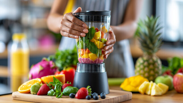 Close-up of a woman's hands filling a blender with healthy smoothie ingredients, smoothie making concept, blender ingredient photography, nutrition preparation lifestyle,