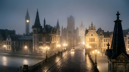 Naklejka premium An atmospheric night view of a historic European city with a wet bridge, ancient buildings, and glowing streetlights through the mist.