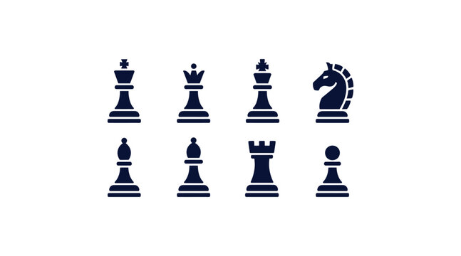 Chess piece icons set, black strategy game symbols, 8 vector elements