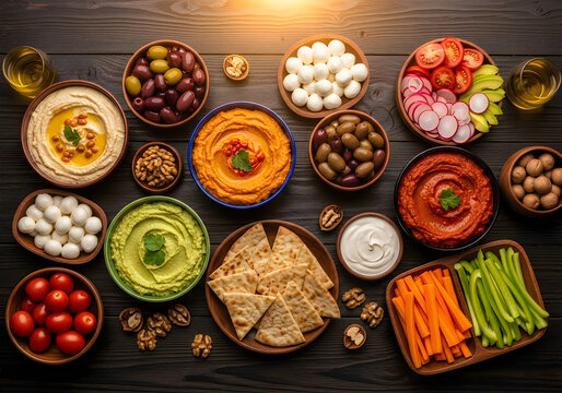A variety of dips and vegetables on a wooden table with crackers and nuts