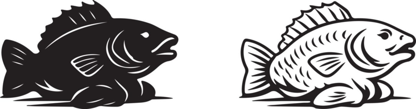 Carp Fish Silhouette and Line Art Vector Clipart, Sea Bass Fishing Icon Set, Stylized Seafood Restaurant Stencil Logo Design
