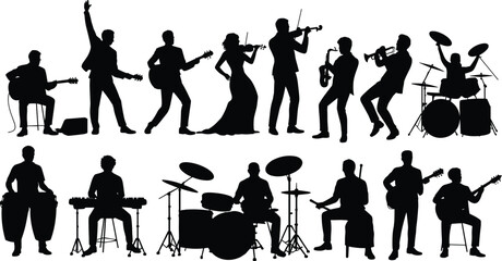 Musician silhouettes playing guitar, drums, piano, violin, trumpet, saxophone, performers, musical instruments, band, concert, live, orchestra © MdMontaz