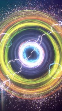 Luminous swirling rings of energy and lightning bolts creating a cosmic portal in deep space for interdimensional travel