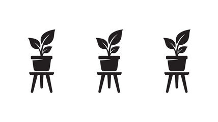 Plants potted on tripod stands set of three black silhouette icons, minimal flat vector style for garden decor branding © MissBeauty