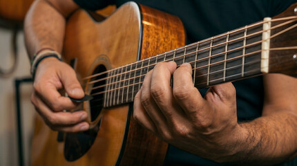 Obraz premium Musician playing acoustic guitar with pick close up