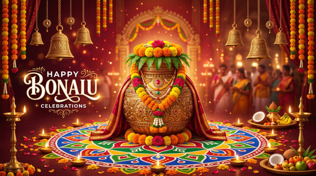 Sacred Bonalu festival decoration with floral rangoli for traditional Indian spiritual celebration