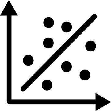 Scatter plot icon, black glyph vector chart with trend line and scatter points, statistical data analysis symbol, mathematical graph isolated on white