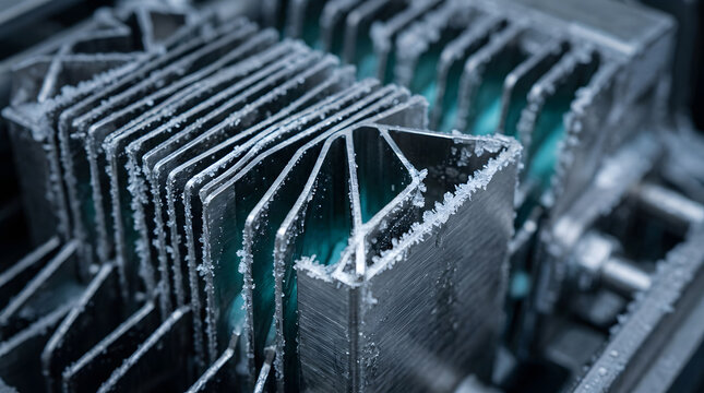 metal heatsink with finned structure close up photograph with teal accents
