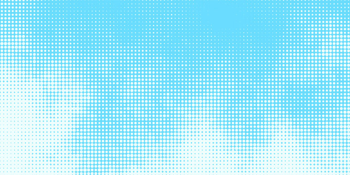 Bright blue halftone background. Retro comic gradient pattern. Pixelated dotted cloud texture overlay. Cartoon pop art faded grain backdrop for poster, banner, advertisement, brochure. Vector
