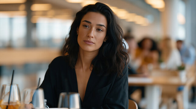 Office newcomer sitting alone at a crowded cafeteria table while established colleague groups laugh at nearby tables, workplace social exclusion and office politics alienation captured in a candid u