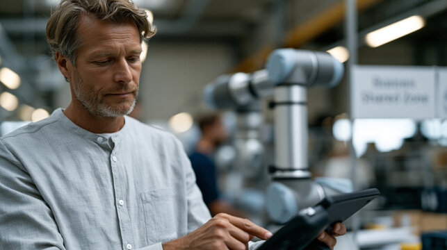 Male cobots technician calibrating a collaborative robotic arm on an electronics assembly line using a teach pendant, workspace showing human and robot shared zone signage, industry four zero automa
