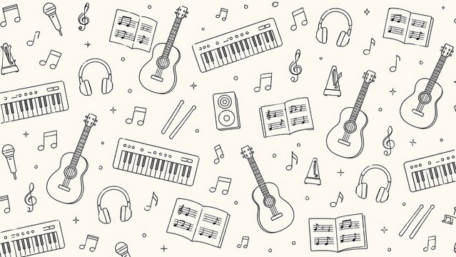 Music and Instrument Seamless Doodle Pattern with Guitar Piano and Audio Icons