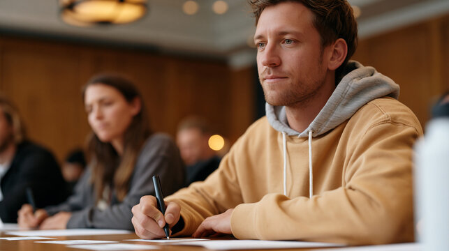 International ethical volunteer placement agency orientation session in a conference center shows facilitators reviewing ground rules for community led development as participants write personal ski