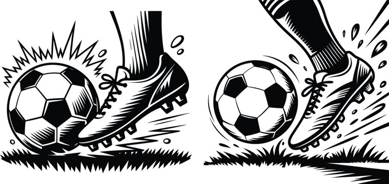 Close-up illustration of soccer ball being kicked by player's shoe on grass with football athletic competition outdoors recreation athleticism training