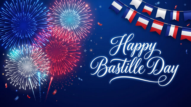Bastille Day Fireworks Celebration Banner with French Patriotism and Festive National Spirit