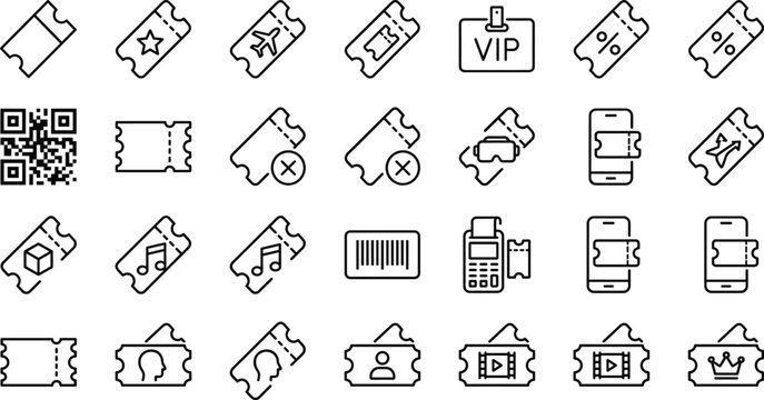 Event Ticket and Admission Pass Line Icons Set with Flight Cinema VIP and Coupon Vectors