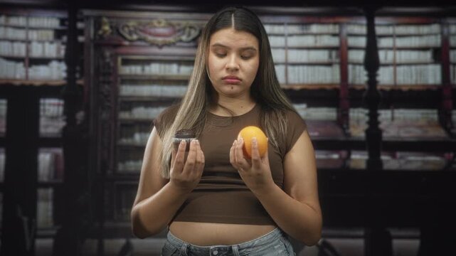 Young woman holds chocolate muffin and orange in hands, comparing both choices in a book lined building; diet dilemma indecision.