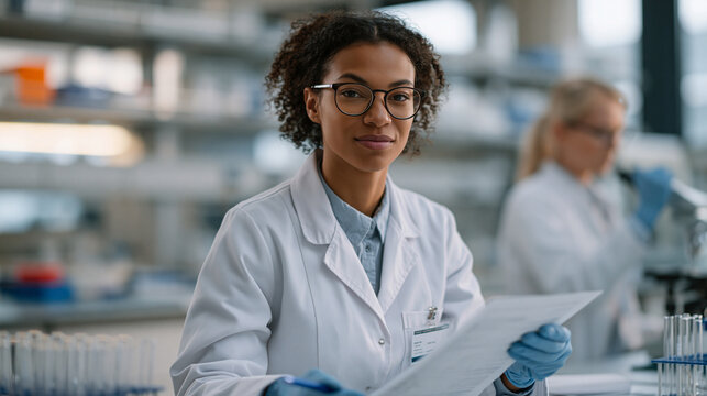 Female pharmaceutical scientist reviewing sterility test results on a laboratory bench while a colleague inoculates culture media tubes nearby, aseptic technique and microbiology quality control in 