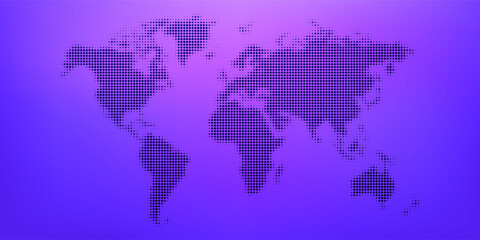 Fototapeta premium Purple glowing dotted world map concept. Abstract neon dot globe worldmap for poster, banner, brochure, booklet, presentation. Halftone continent infographics wallpaper. Vector illustration