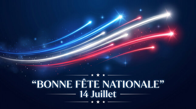French National Day Celebration Banner with Patriotic Light Trails and Bastille Festival Spirit