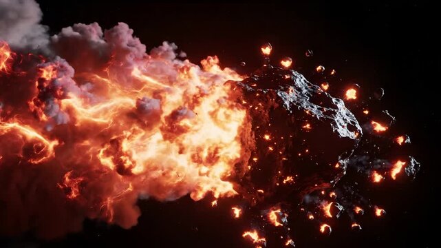 Fiery Asteroid Burning Through Space Towards Earth.