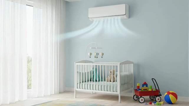 Air conditioner operating in nursery room with crib. Cooling equipment creating comfortable climate for baby. Modern home ventilation and temperature control system.