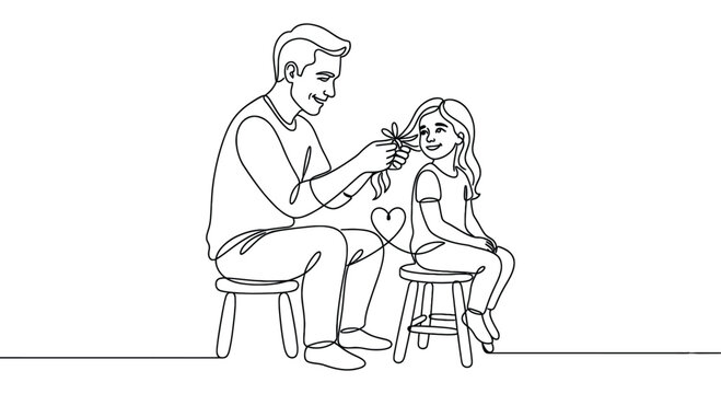 father and daughter with flower continuous line drawing on white background