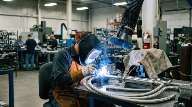 Medium shot capturing the precise welding of oxygenspecific cryogenic totalizer components highlighting safety measures and advanced manufacturing tools.