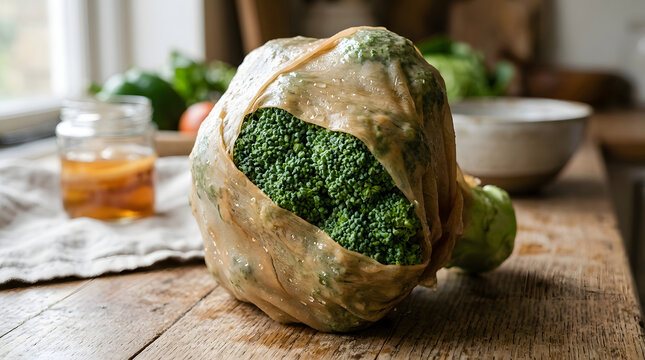 broccoli head wrapped in beeswax cloth on a wooden table