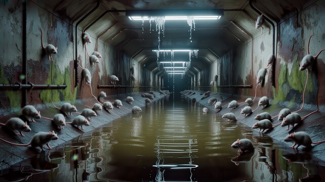 Underground sewer tunnel with rats swimming in water, illuminated by ceiling lights, with mold and stains on walls