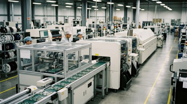 Wide medium shot revealing a highvolume SMT line with synchronized automated assembly stations efficiently processing mixedtechnology boards for mass electronics manufacturing.