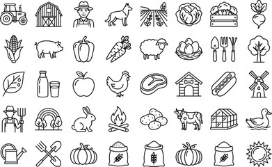 Obraz premium Farming and agriculture line icon set with tractor farmer animals vegetables and tools vector