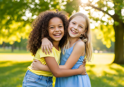 Two happy best friends hugging each other and laughing together in a sunny autumn park