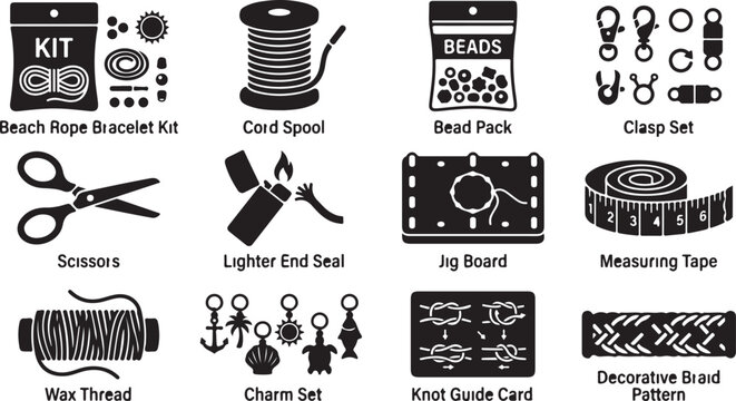 A collection of black and white representing diy bracelet making supplies, including cord spools, beads, clasps, scissors, a lighter, a jig board, measuring tape, and knotting guides