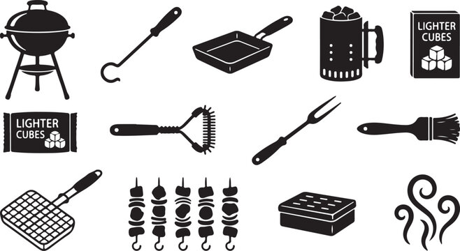 Collection of black silhouette for barbecue and grilling, featuring a charcoal grill, skewers, tongs, lighter cubes, a basting brush, a meat fork, a grill pan, and rising smoke swirls