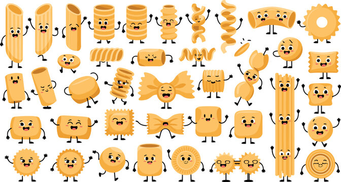 Kawaii style traditional Italian food illustrations featuring happy macaroni spaghetti and fusilli characters set.