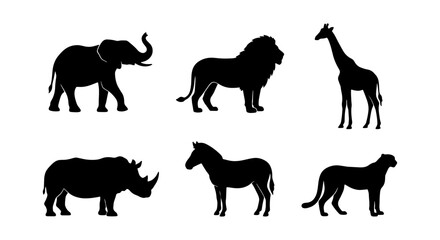 African Wildlife Silhouettes: Elephant, Lion, Giraffe, Rhino, Zebra, Cheetah Vector Set © Munir