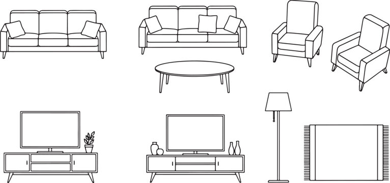 Living room furniture set with sofas armchairs television stand floor lamp and rug in line art style