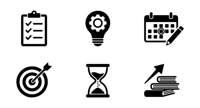 Business Strategy Icons: Checklist, Idea Bulb, Calendar, Target, Hourglass, Growth Stack