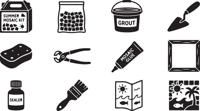 Set of black and white for a summer mosaic kit, featuring tools like a trowel, grout bucket, mosaic glue, nippers, sponge, sealer, brush, and finished tile project examples