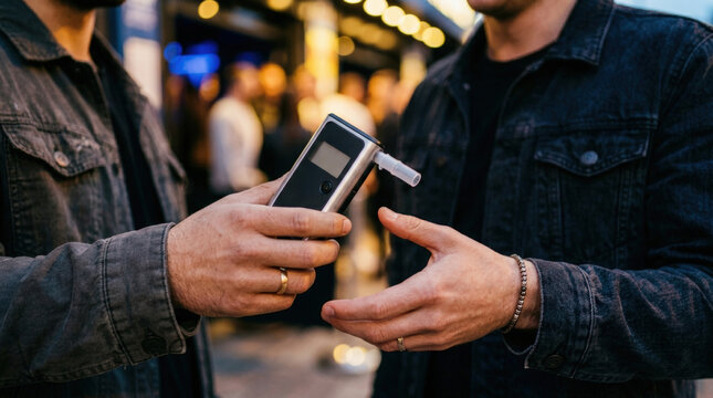 Friend offering portable breathalyzer device outdoors