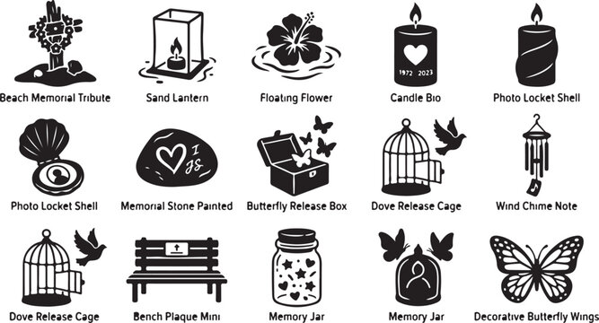Set of black and white memorial and funeral featuring beach tributes, lanterns, floating flowers, candles, lockets, memorial stones, butterfly release boxes, bird cages, and wind chimes