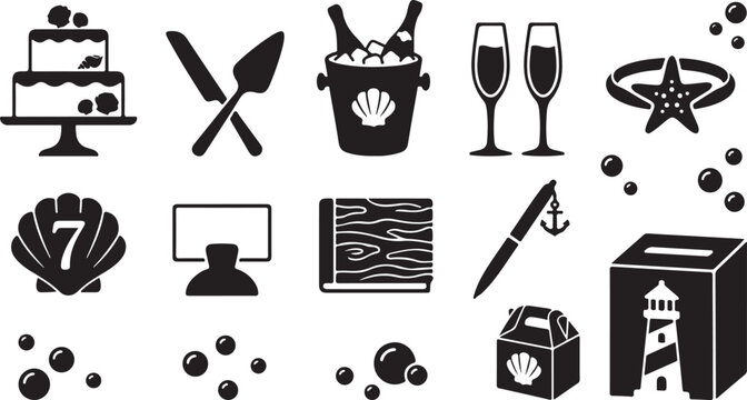 Set of black and white nautical and wedding featuring a tiered cake, champagne bucket, starfish ring, seashell with number seven, lighthouse box, anchor pen, and various floating bubbles